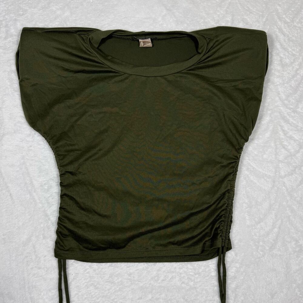 Wearever Top Women's Medium Olive‎ Green Side Lacing Tie Crop Top Shoulder Pads